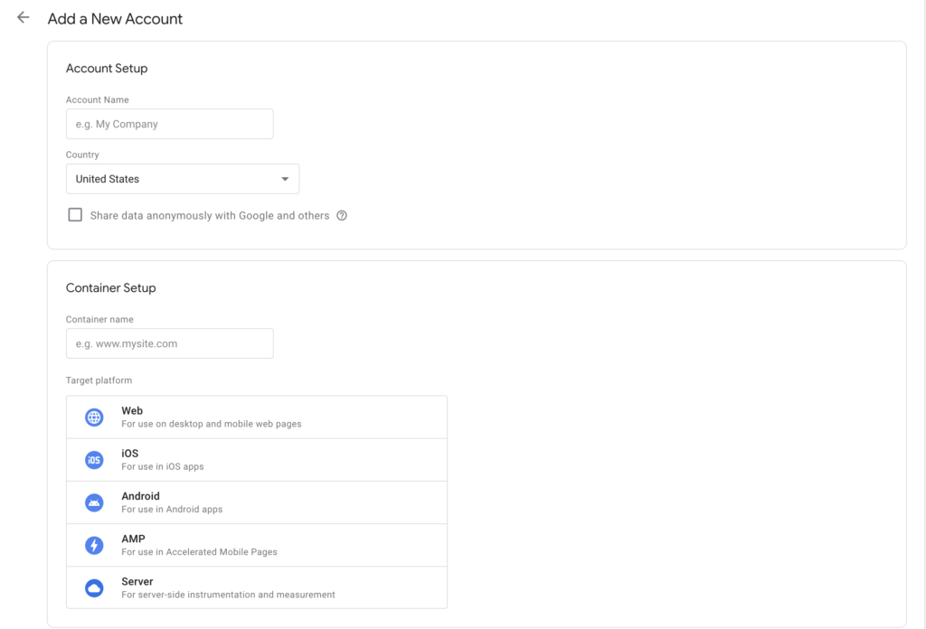 screenshot of Google Tag Manager 'create account' option with 'container setup'